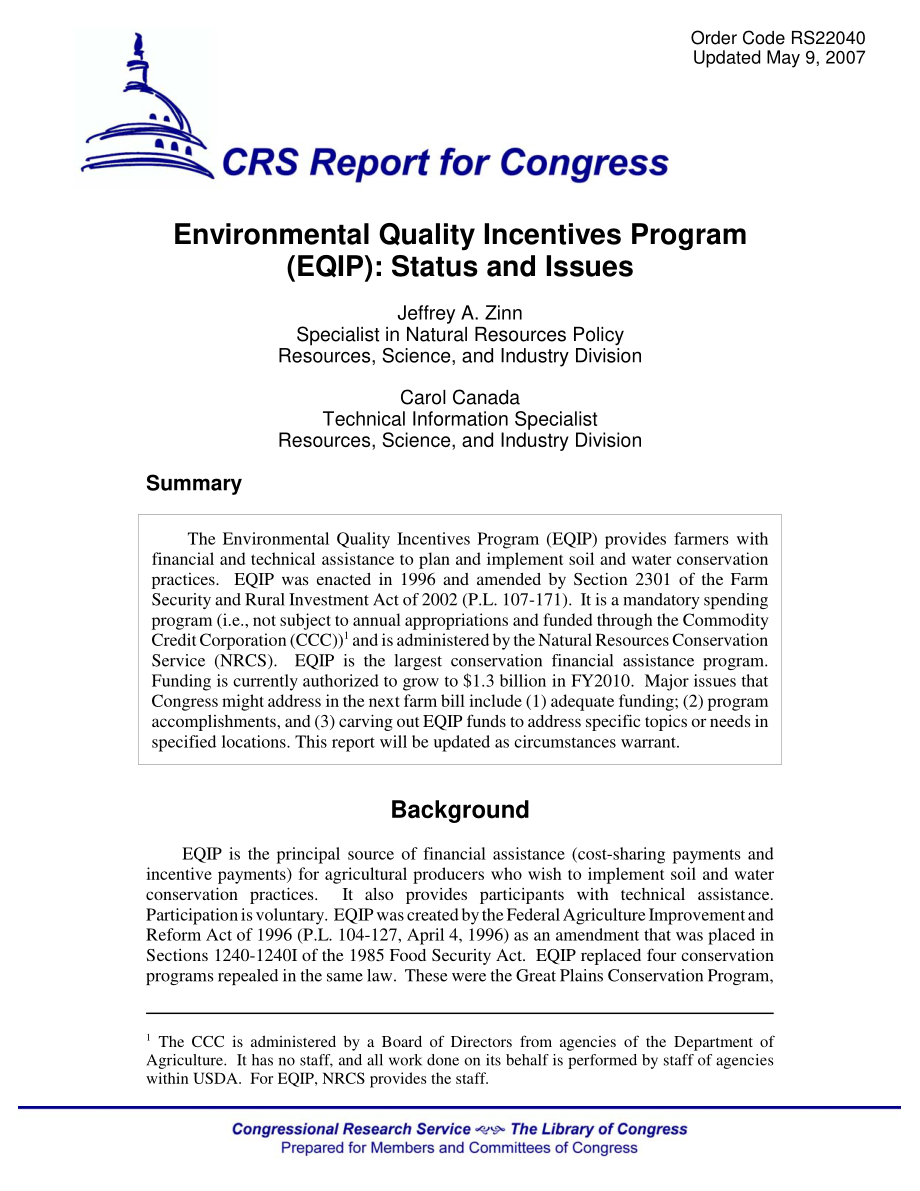 [20070509]RS22040_环境质量激励计划（EQIP）：现状和问题.pdf_第1页