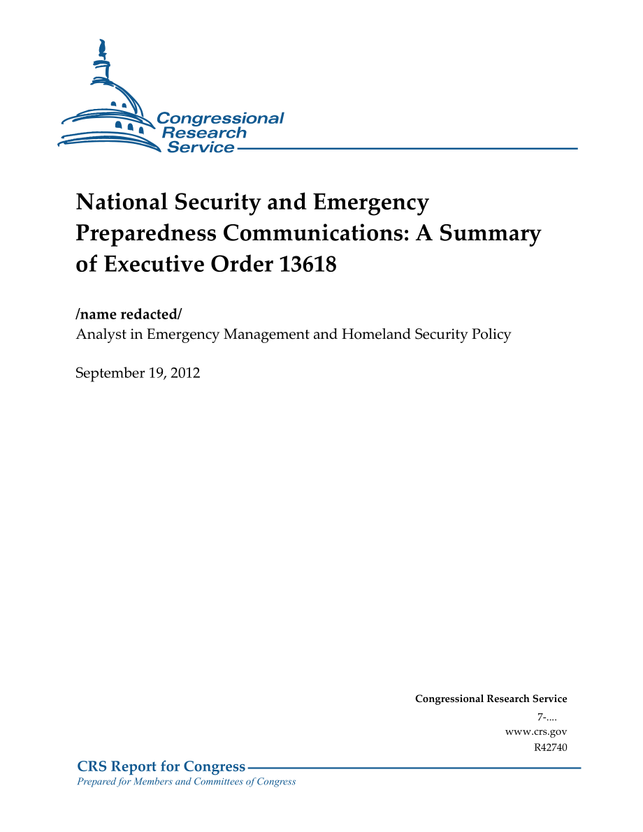 [20120919]R42740_国家安全和应急准备通信：第13618号行政命令摘要.pdf_第1页