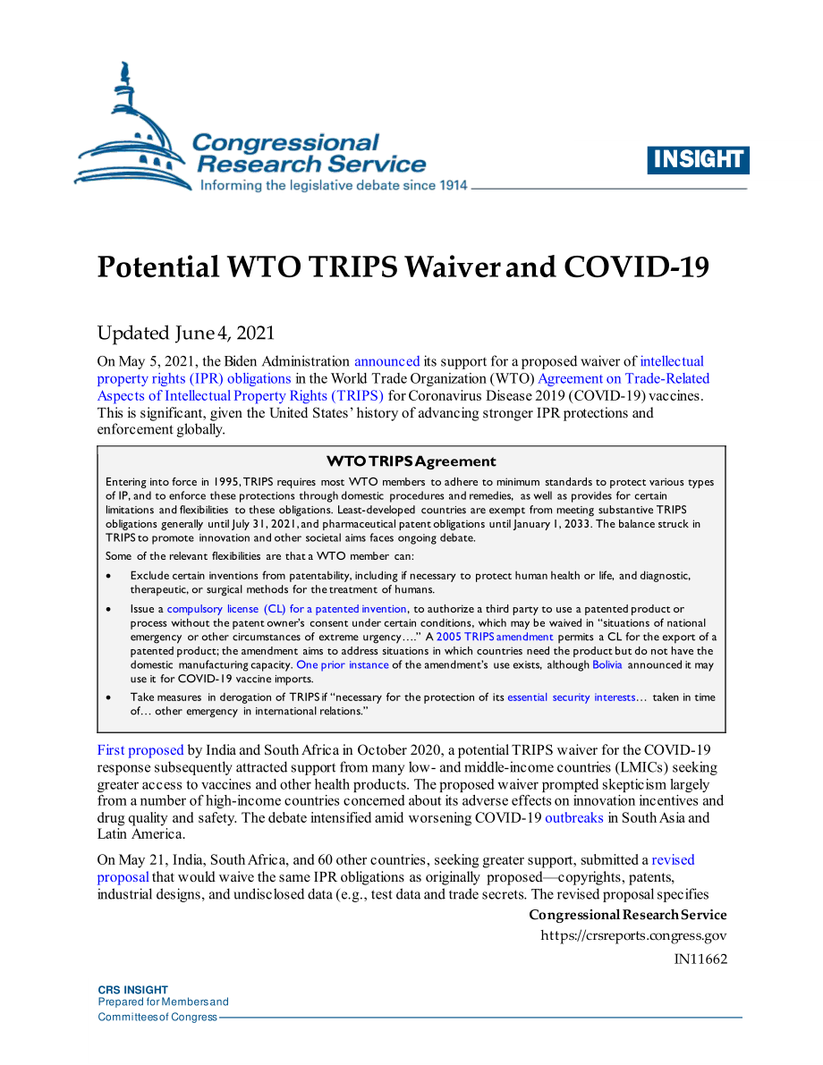 [20210604]IN11662_潜在的WTO TRIPS豁免和2019冠状病毒疾病 .pdf_第1页