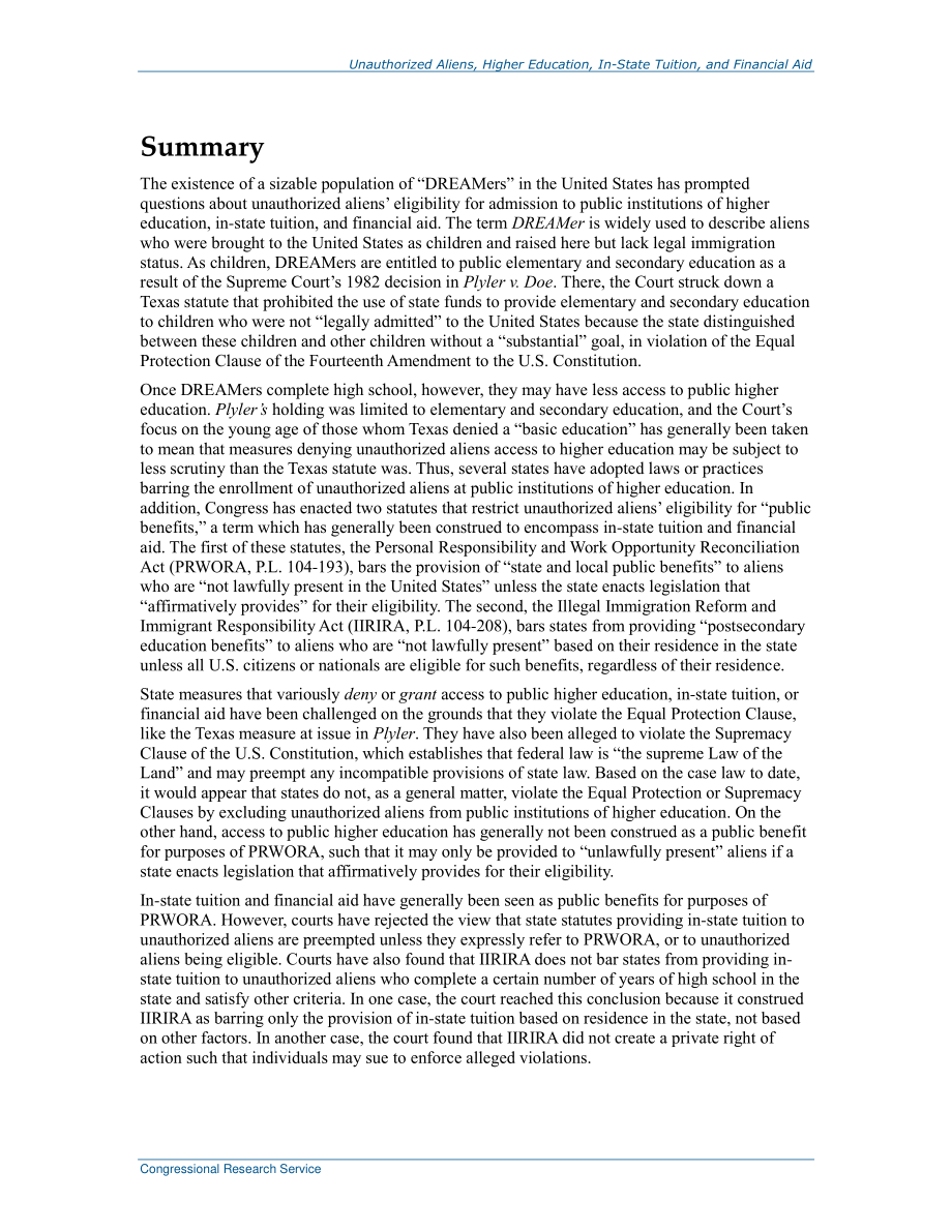 [20160111]R43447_未经授权的外国人、高等教育、州内学费和经济援助：法律分析.pdf_第2页