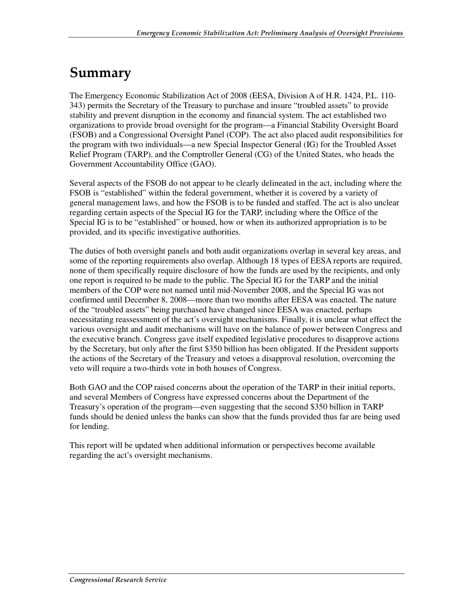 [20081223]RL34713_紧急经济稳定法案：监督规定的初步分析.pdf_第2页