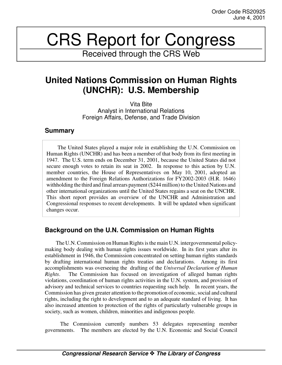 [20010604]RS20925_联合国人权委员会（人权委员会）：美国成员资格.pdf_第1页