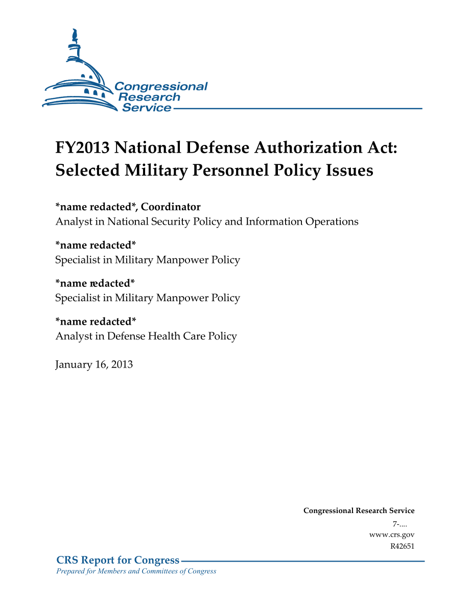 [20130116]R42651_2013财年国防授权法案：选定的军事人员政策问题.pdf_第1页