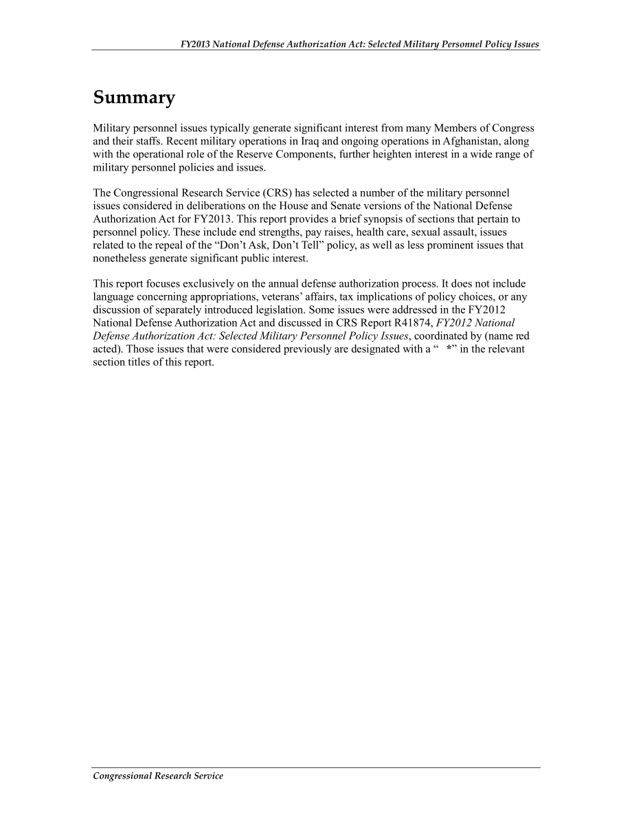 [20130116]R42651_2013财年国防授权法案：选定的军事人员政策问题.pdf_第2页
