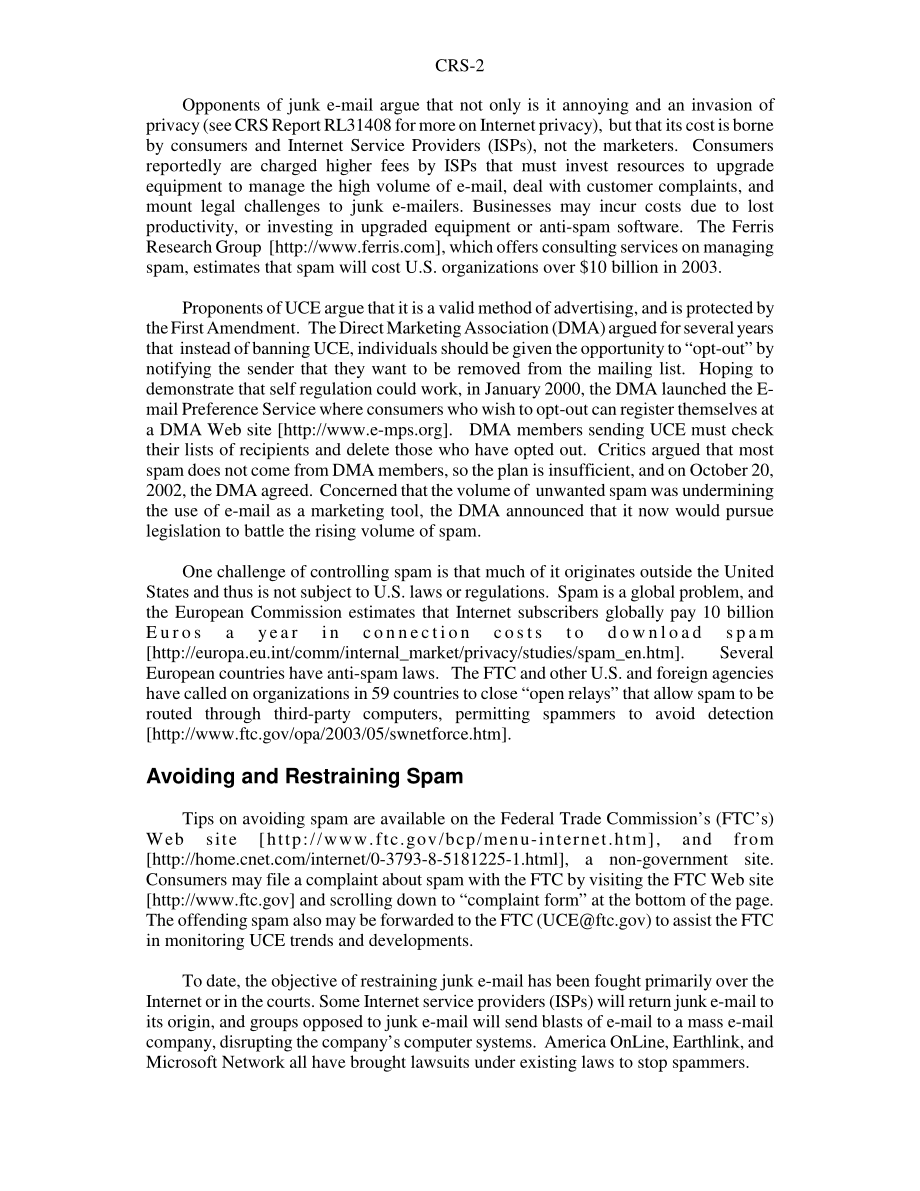 [20030515]RS20037_“垃圾邮件”：关于未经请求的商业电子邮件（“垃圾邮件”）的问题和立法概述.pdf_第2页