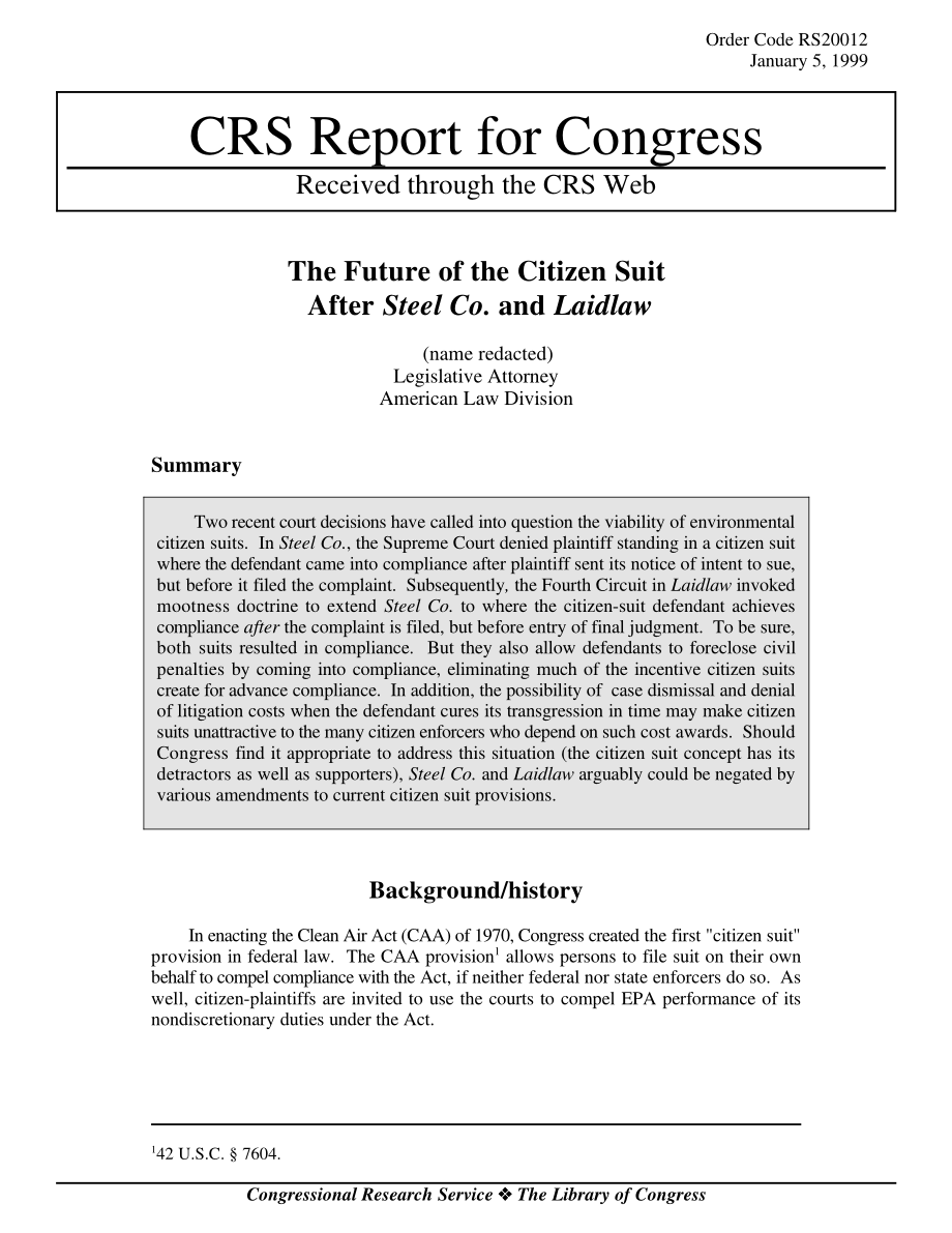 [19990105]RS20012_继Steel Co.和Laidlaw之后公民诉讼的未来.pdf_第1页