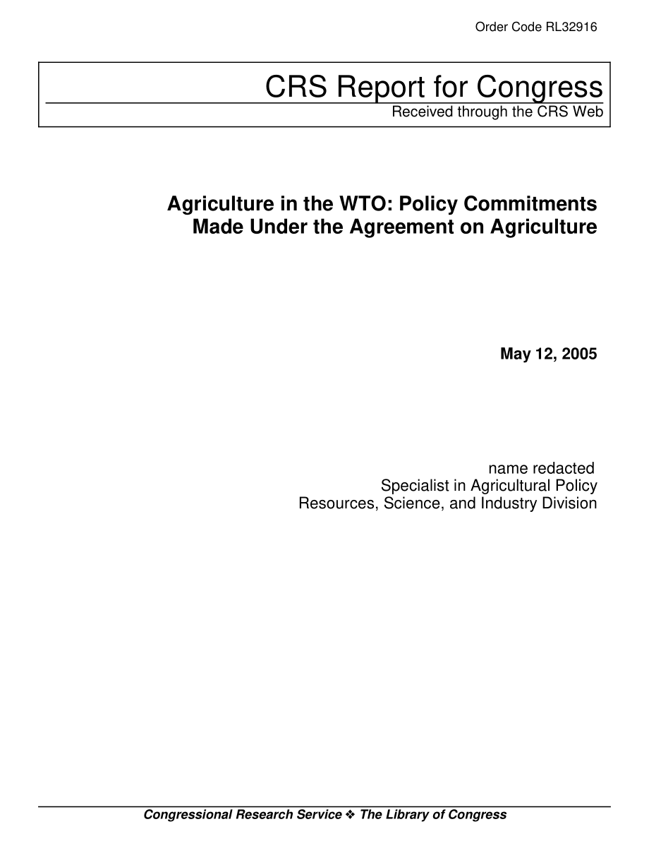 [20050512]RL32916_WTO中的农业：根据《农业协定》作出的政策承诺.pdf_第1页