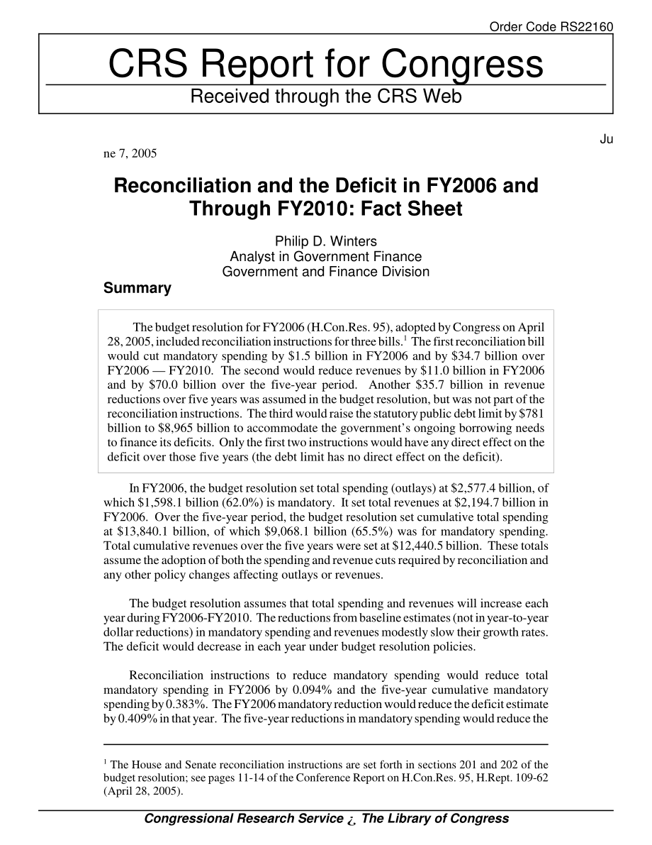 [20050607]RS22160_2006财年至2010财年的对账和赤字：情况说明书.pdf_第1页
