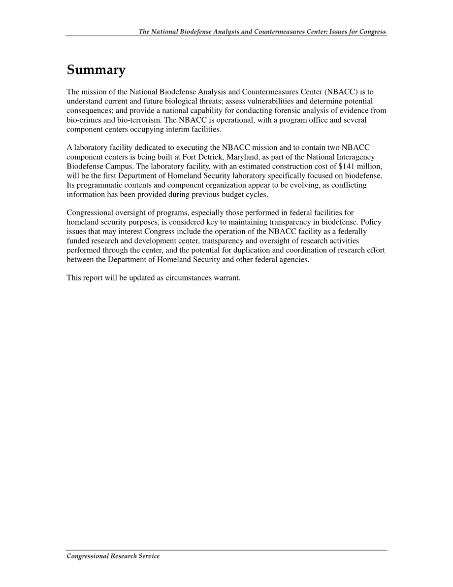 [20070719]RL32891_国家生物防御分析与对策中心：国会议题.pdf_第2页