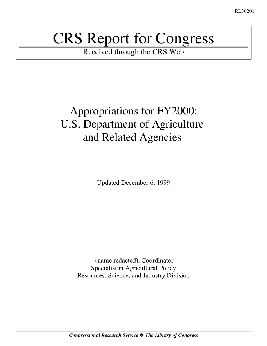 [19991206]RL30201_2000财年拨款：美国农业部及相关机构.pdf_第1页