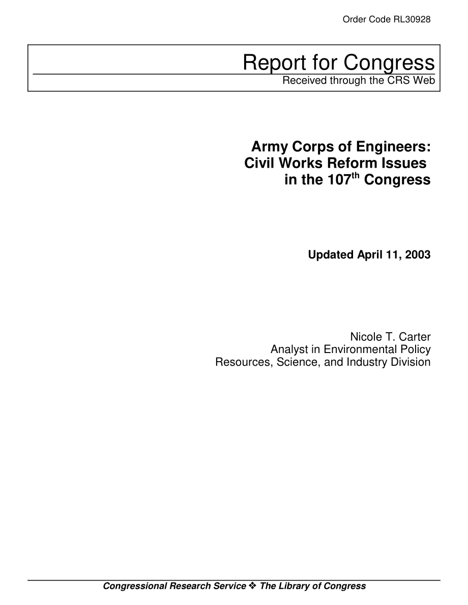 [20030411]RL30928_陆军工程兵团：第107届国会土木工程改革议题.pdf_第1页