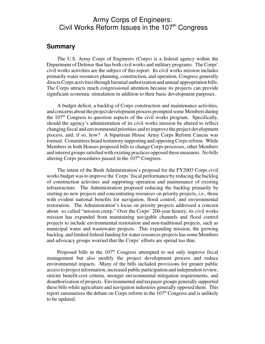 [20030411]RL30928_陆军工程兵团：第107届国会土木工程改革议题.pdf_第2页