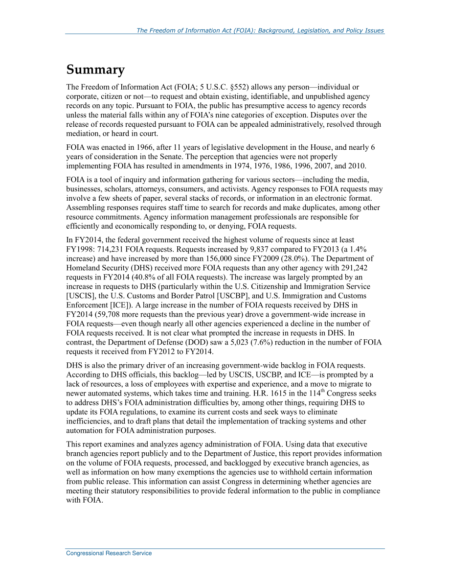 [20150814]R41933_《信息自由法》（FOIA）：背景、立法和政策问题 .pdf_第2页