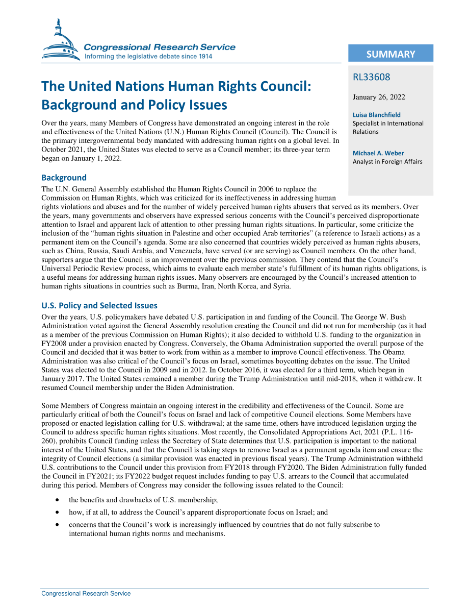 [20220126]RL33608_联合国人权理事会：背景和政策问题.pdf_第2页