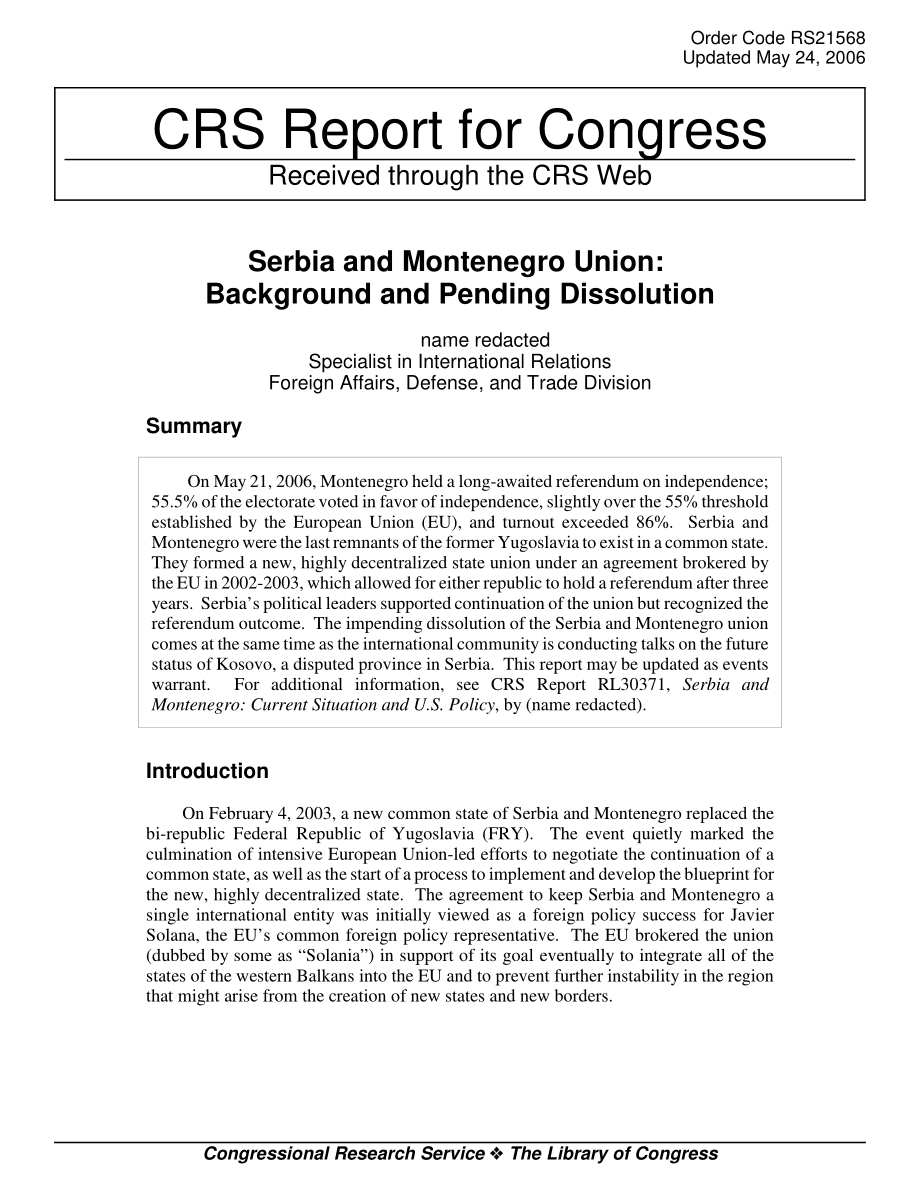 [20060524]RS21568_塞尔维亚和黑山联盟：背景和待解散.pdf_第1页
