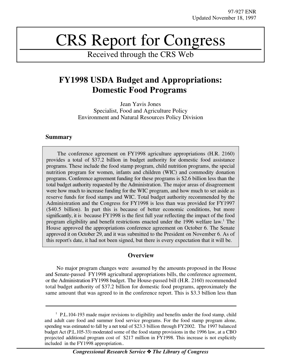 [19971118]97-927ENR_1998财年美国农业部预算和拨款：国内食品计划.pdf_第1页