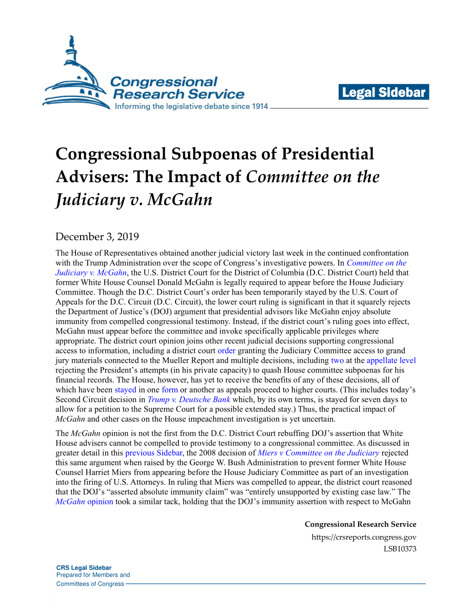 [20191203]LSB10373_总统顾问的国会传票：司法委员会诉McGahn案的影响.pdf_第1页
