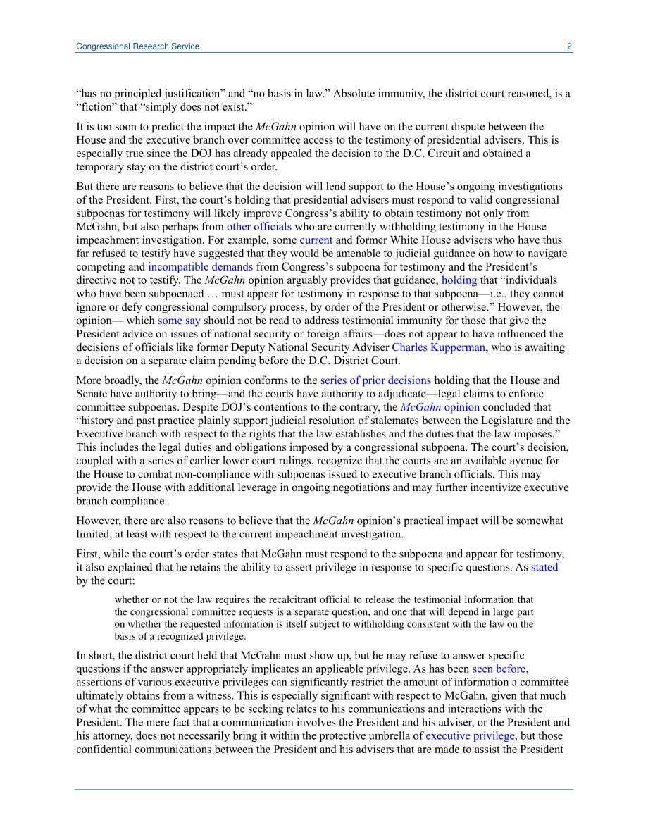 [20191203]LSB10373_总统顾问的国会传票：司法委员会诉McGahn案的影响.pdf_第2页