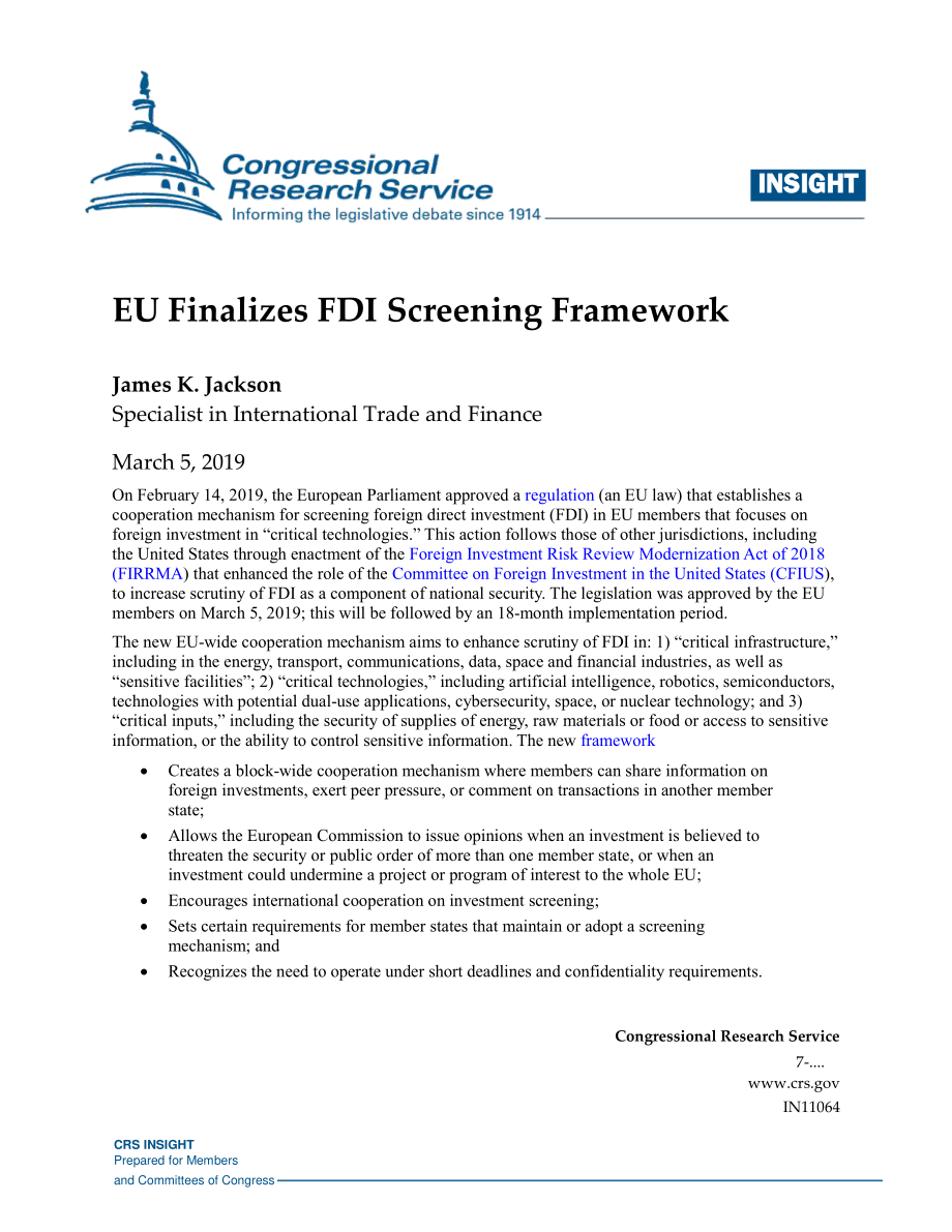 [20190305]IN11064_欧盟最终确定外国直接投资筛选框架.pdf_第1页