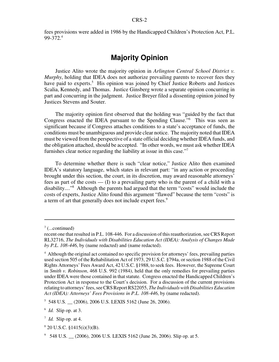 [20060630]RS22465_《残疾人教育法》（IDEA）：最高法院否认阿灵顿中央学区诉墨菲案中的专家费.pdf_第2页