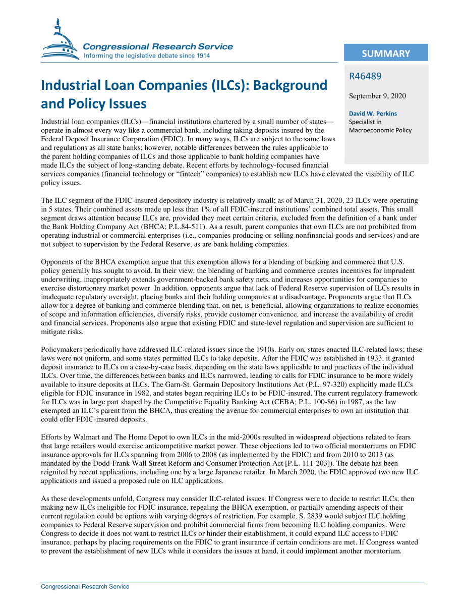 [20200909]R46489_工业贷款公司（ILC）：背景和政策问题.pdf_第2页