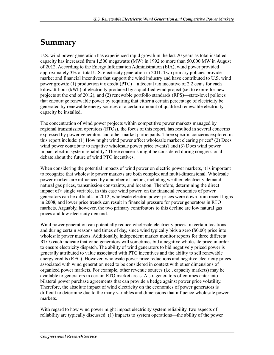 [20121107]R42818_美国可再生电力：风力发电如何影响竞争性电力市场？.pdf_第2页