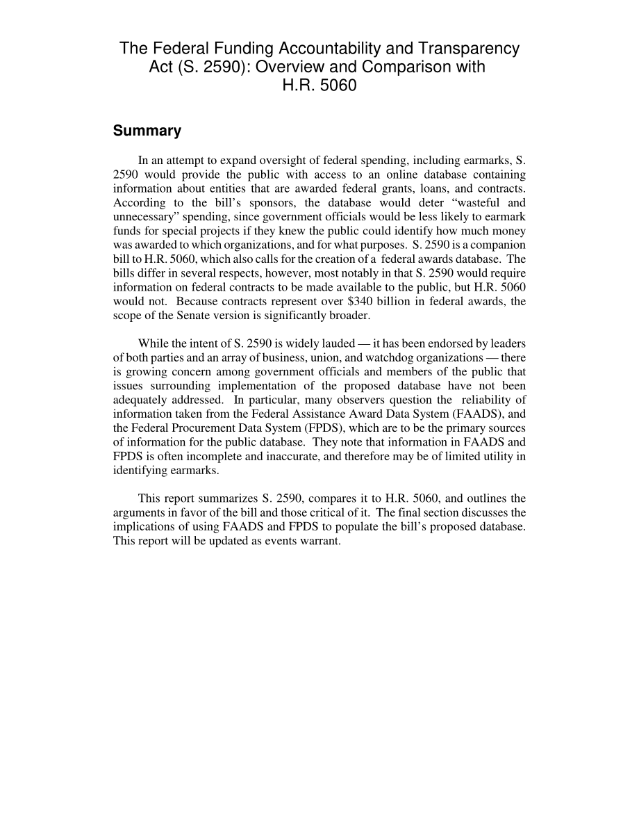 [20060911]RL33638_《联邦资金问责和透明度法案》（第2590条）：概述和与H.R.的比较5060.pdf_第2页
