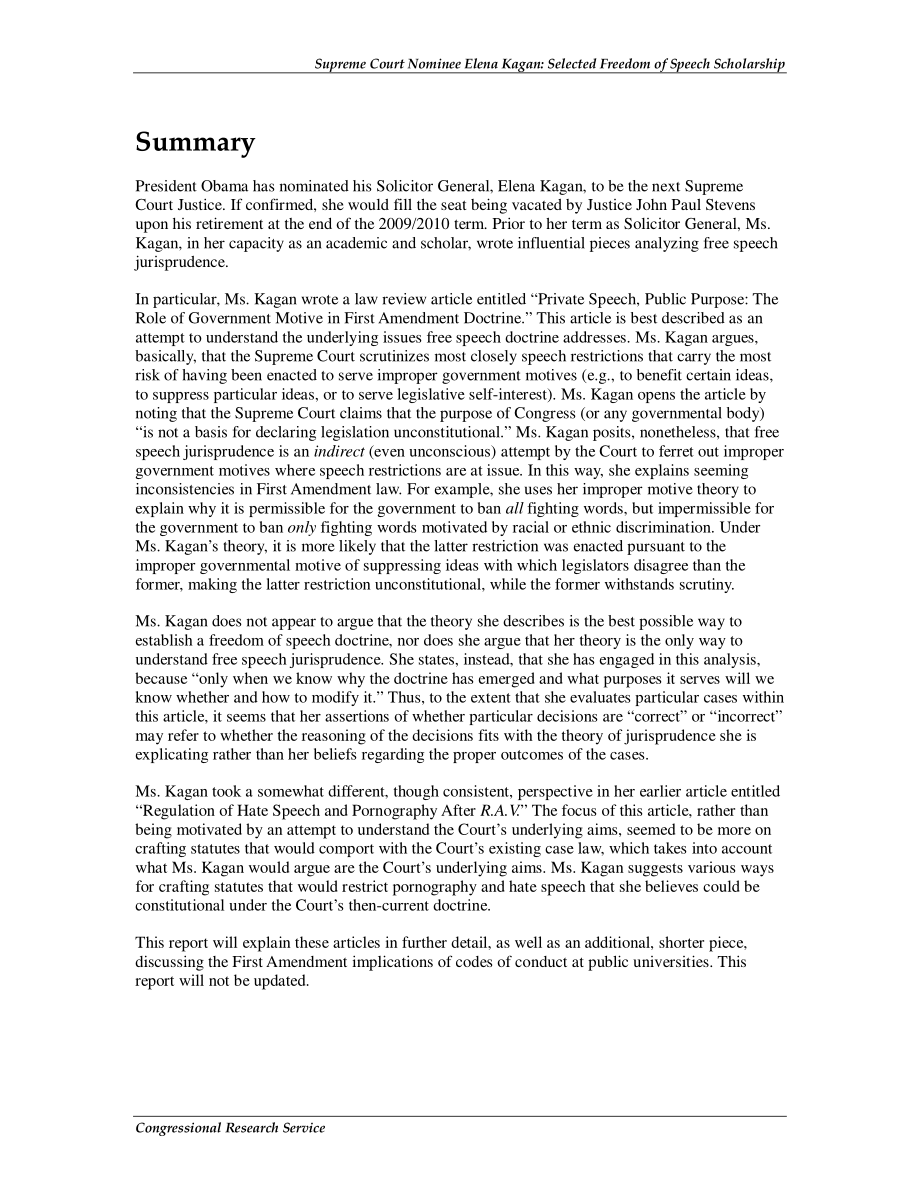 [20100618]R41290_最高法院提名人Elena Kagan：言论自由精选奖学金 .pdf_第2页