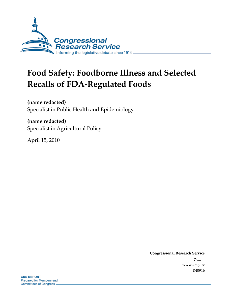 [20100415]R40916_食品安全：食源性疾病和FDA监管食品的部分召回.pdf_第1页