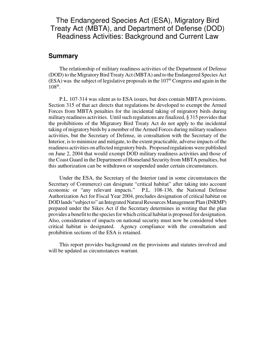 [20040809]RL31415_《濒危物种法案》（ESA）、《候鸟条约法案》（MBTA）和国防部（DOD）的准备活动：背景和现行法律.pdf_第2页