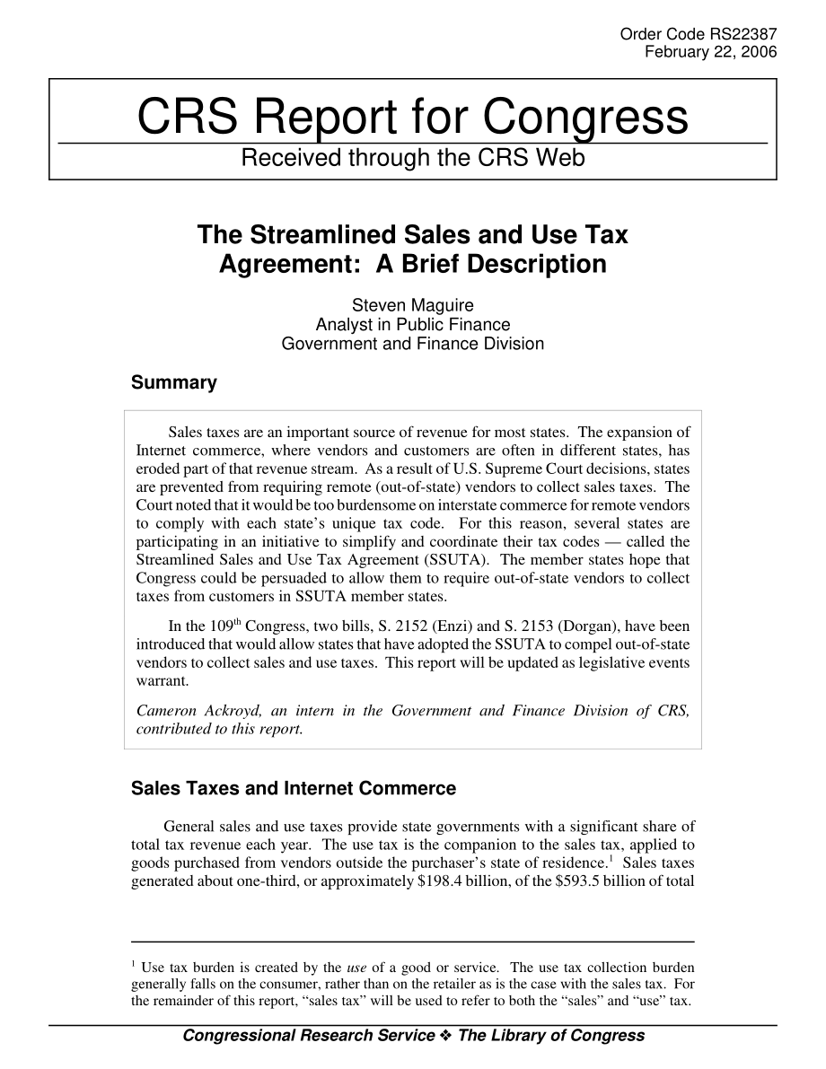 [20060222]RS22387_简化的销售和使用税协议：简要说明.pdf_第1页