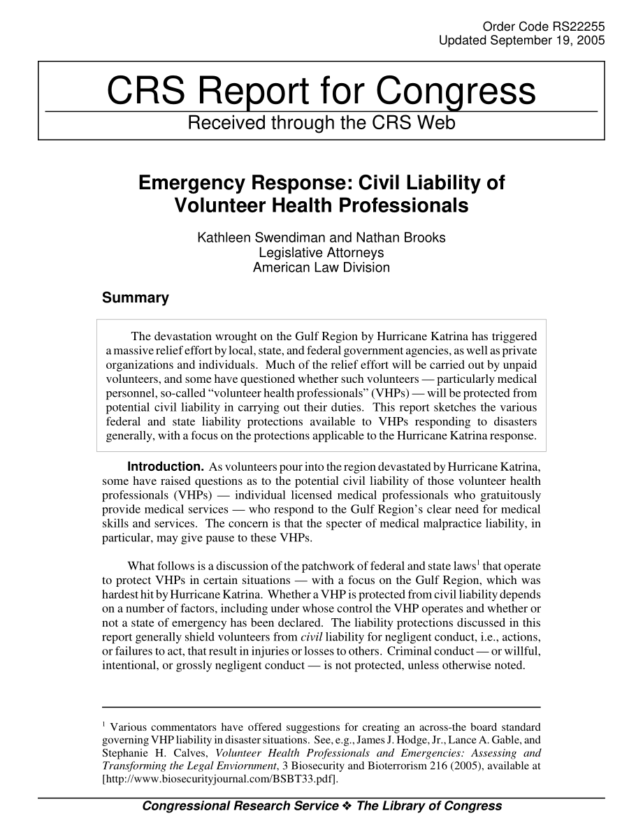 [20050919]RS22255_应急响应：志愿卫生专业人员的民事责任.pdf_第1页