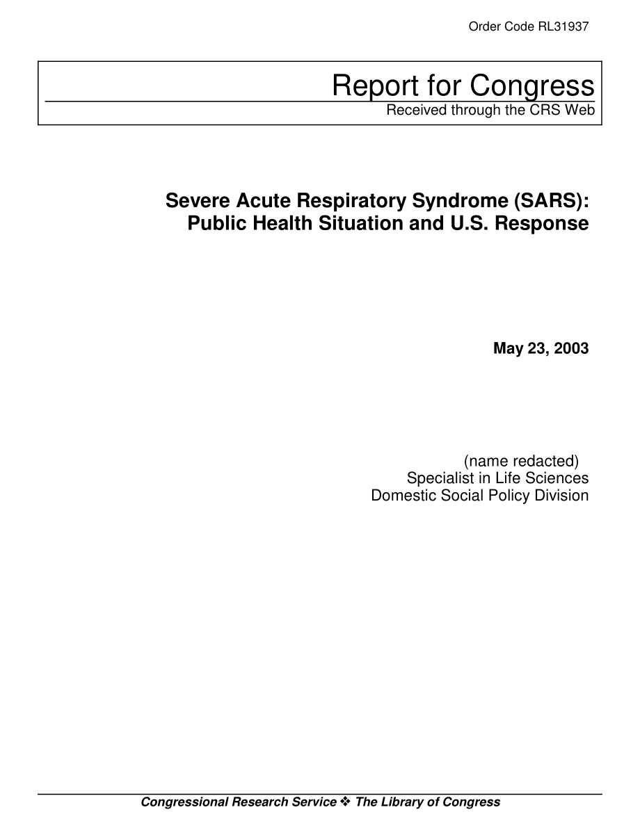 [20030523]RL31937_严重急性呼吸综合征（SARS）：公共卫生状况和美国的应对措施.pdf_第1页