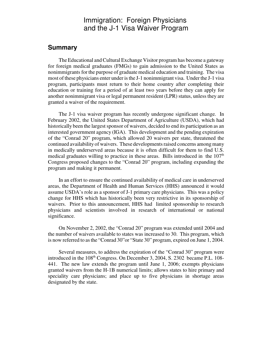 [20041209]RL31460_移民：外国医生和J-1签证豁免计划.pdf_第2页