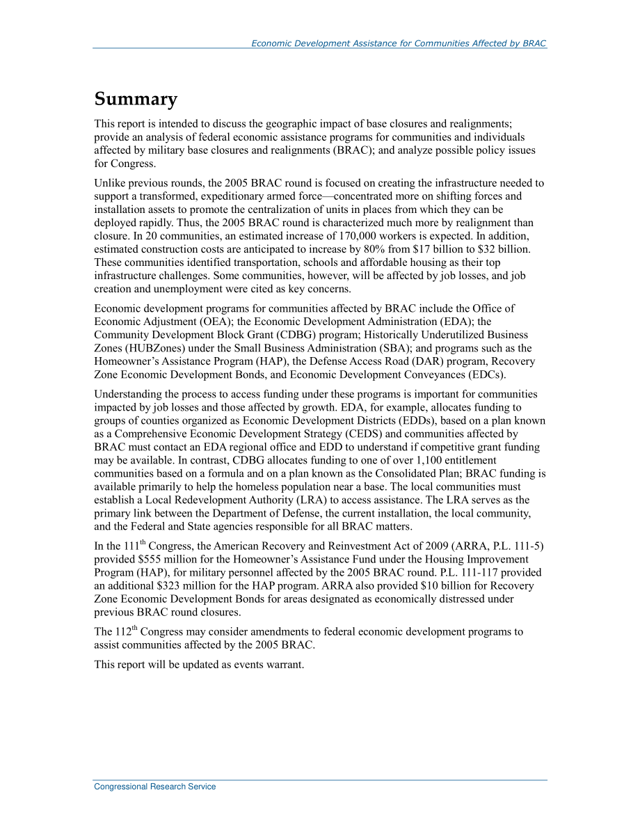 [20110118]RL34709_向因军事基地关闭而受就业变化影响的社区提供经济发展援助（BRAC）.pdf_第2页