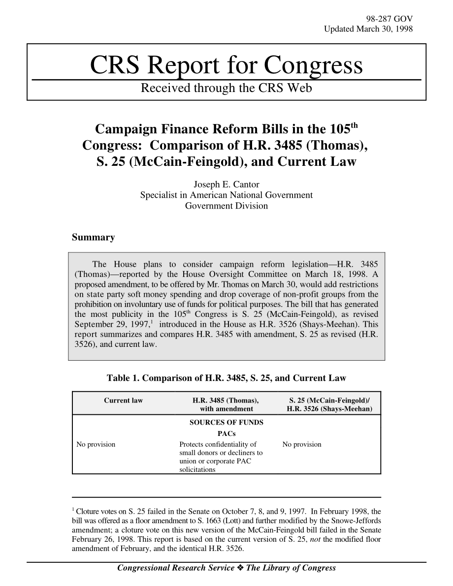 [19980330]98-287_第105届国会竞选资金改革法案：H.R.的比较3485（Thomas）S.25（McCain Feingold）和现行法律.pdf_第1页