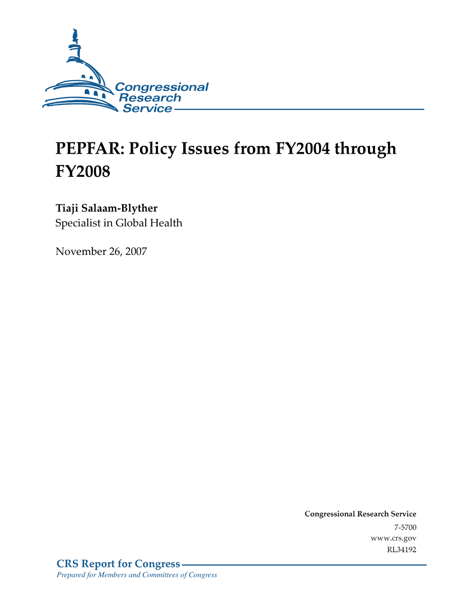 [20071126]RL34192_PEPFAR：2004财年至2008财年的政策问题.pdf_第1页