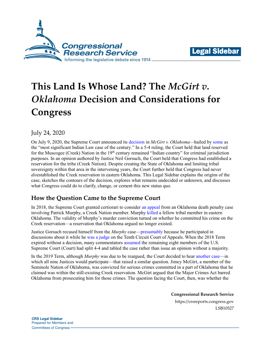 [20200724]LSB10527_这片土地是谁的土地？McGirt诉俄克拉荷马州案的裁决及国会的考虑.pdf_第1页