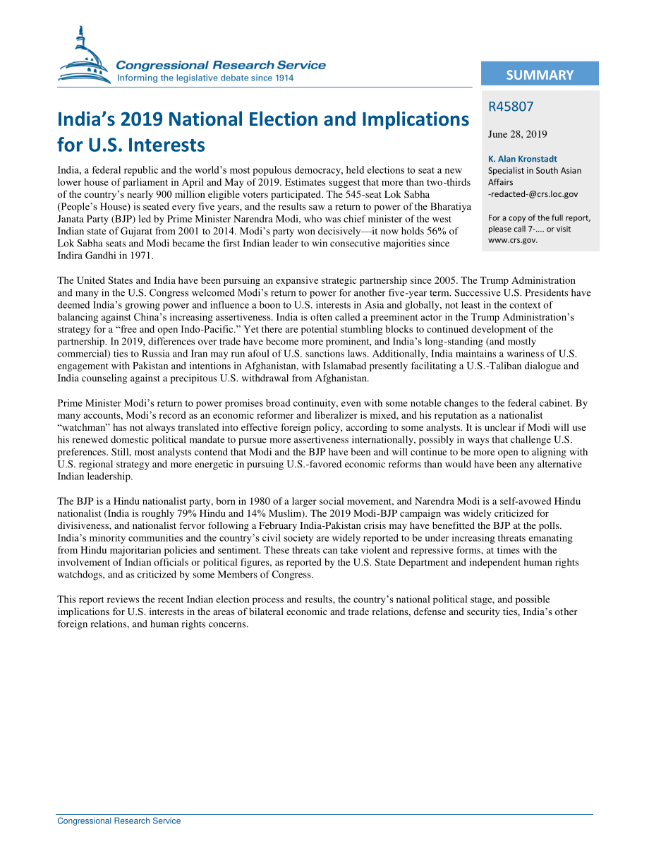 [20190628]R45807_印度2019年全国大选及其对美国利益的影响.pdf_第2页