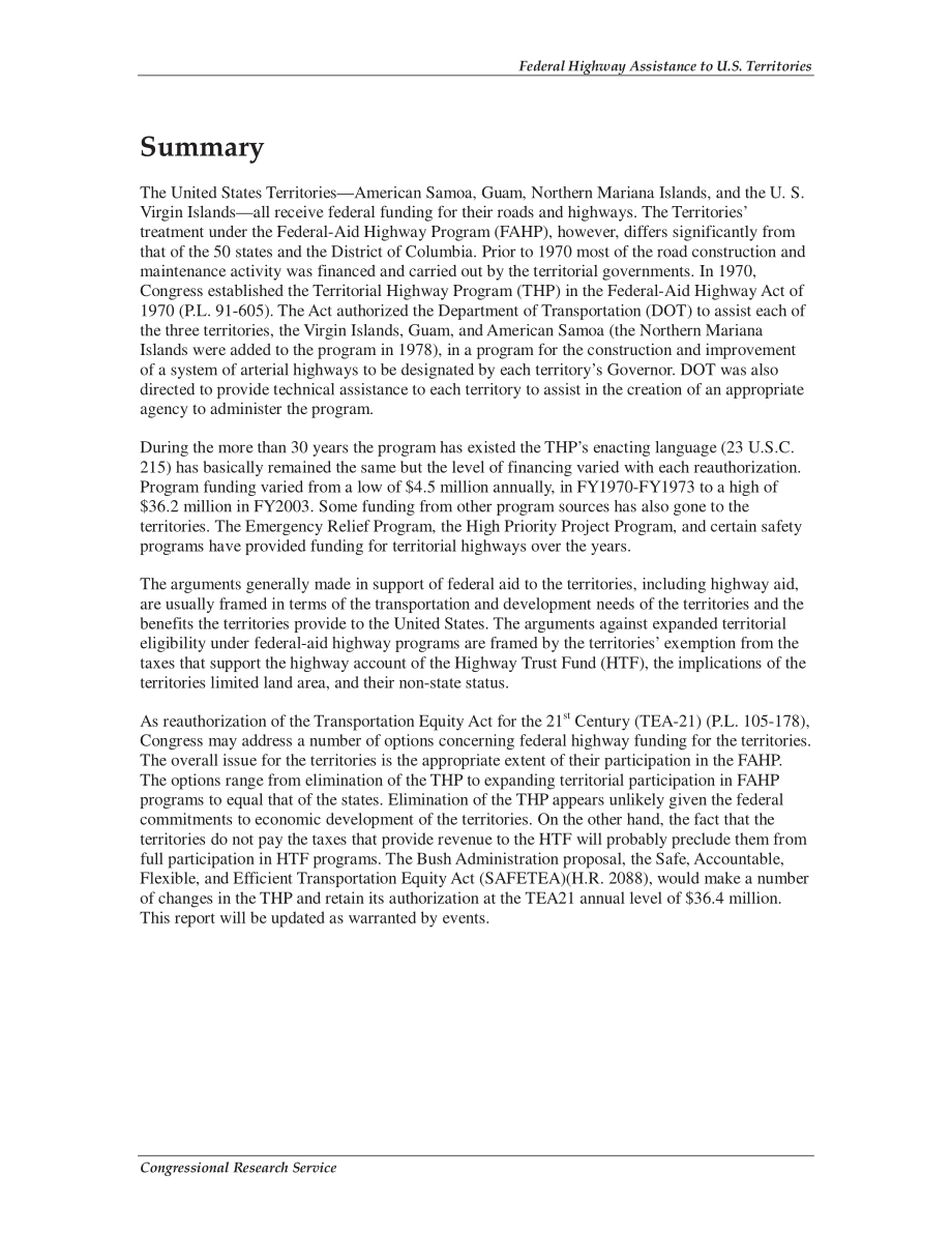 [20030715]RL31431_向美国领土提供的联邦公路援助：立法资助历史和再授权选项.pdf_第2页