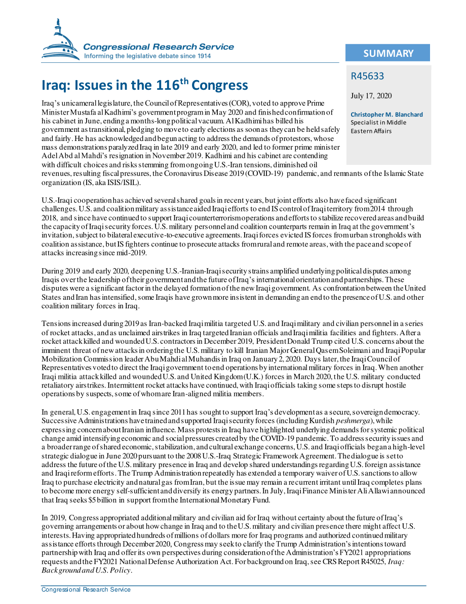 [20200717]R45633_伊拉克：第116届国会的议题.pdf_第2页