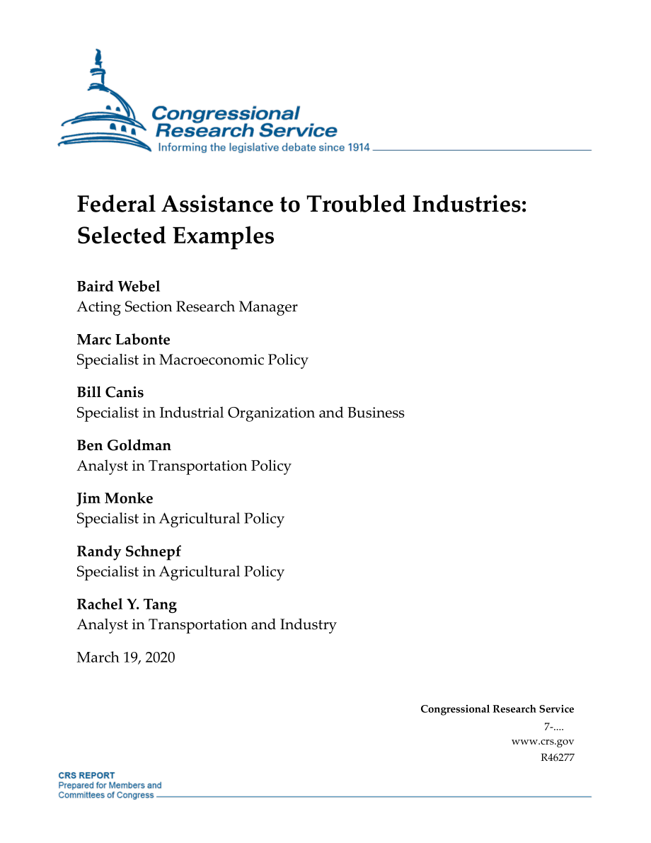 [20200319]R46277_联邦政府对困难行业的援助：选定的示例.pdf_第1页