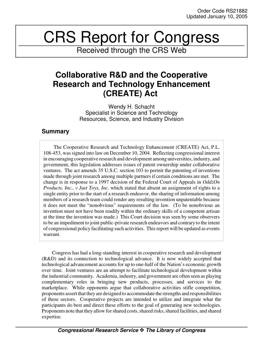 [20050110]RS21882_合作研发和合作研究与技术增强（CREATE）法案.pdf_第1页
