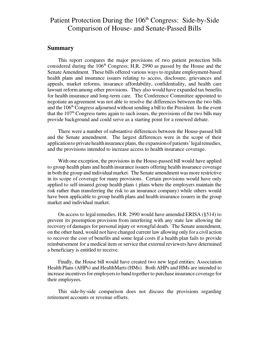 [20010116]RL30144_第106届大会期间的患者保护：参众两院通过法案的对比.pdf_第2页