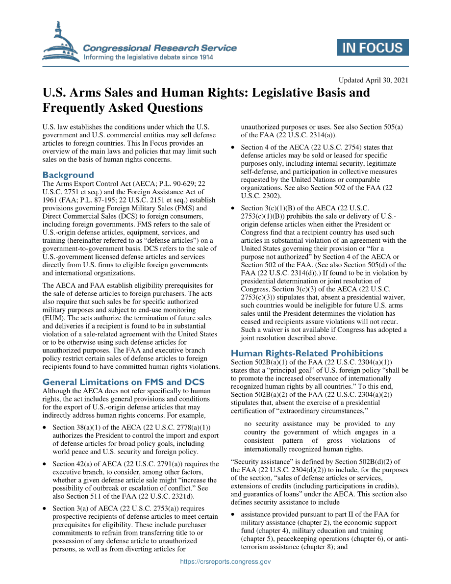 [20210430]IF11197_美国武器销售与人权：立法依据和常见问题.pdf_第1页
