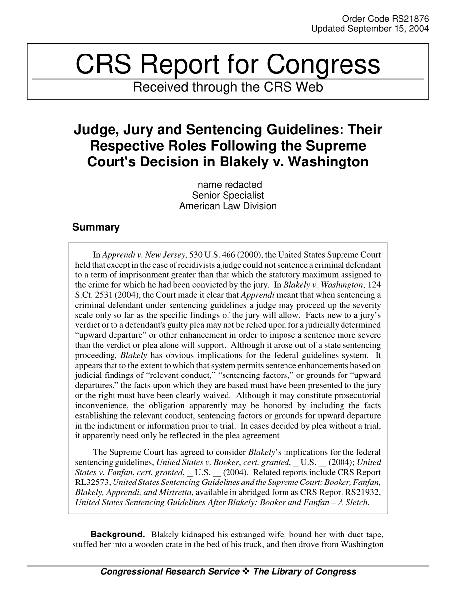 [20040915]RS21876_法官、陪审团和量刑指南：在最高法院对Blakely v.Washington案的裁决后他们各自的角色.pdf_第1页