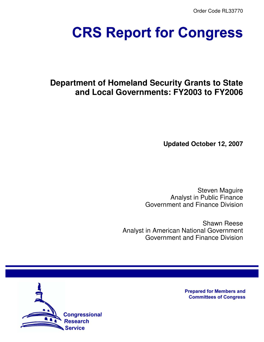 [20071012]RL33770_国土安全部对州和地方政府的拨款：2003财年至2006财年.pdf_第1页