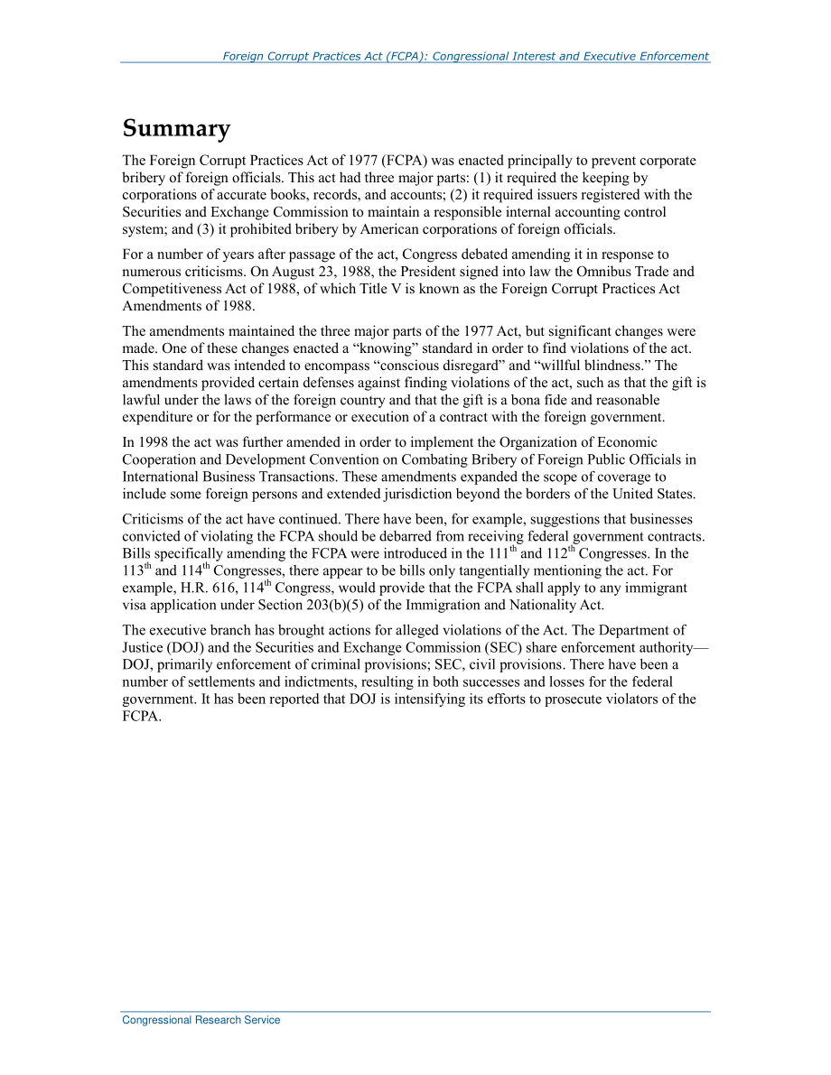 [20160315]R41466_《反海外腐败法》（FCPA）：简言之国会利益和行政执法.pdf_第2页