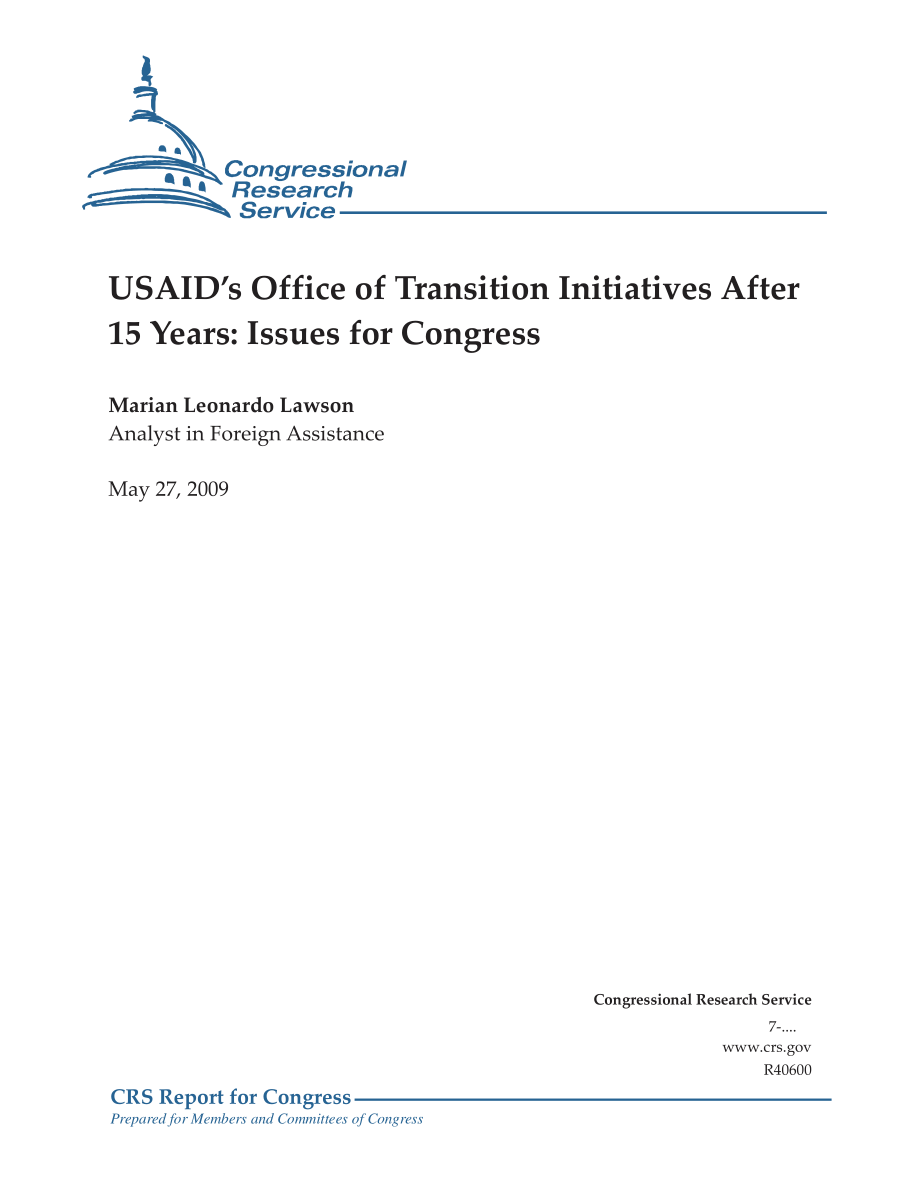 [20090527]R40600_美国国际开发署过渡倡议办公室15年后：国会议题.pdf_第1页