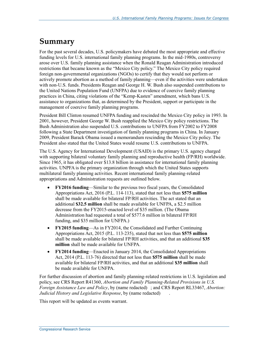 [20160112]RL33250_美国国际计划生育项目：国会议题.pdf_第2页